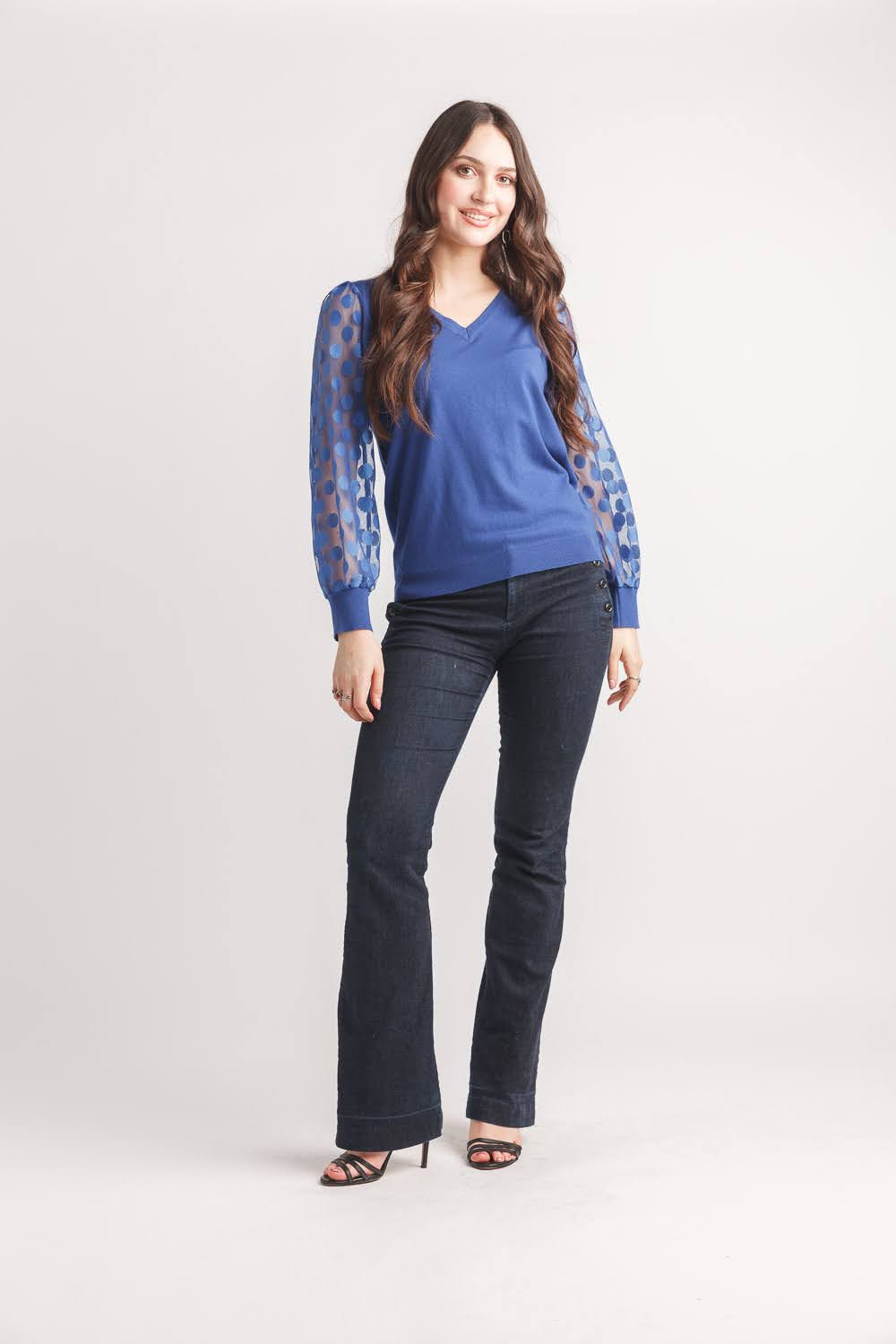 V Neck Sweater with Mesh Polka Dot Sleeves