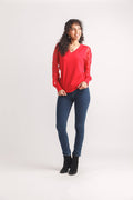 V Neck Sweater with Mesh Polka Dot Sleeves
