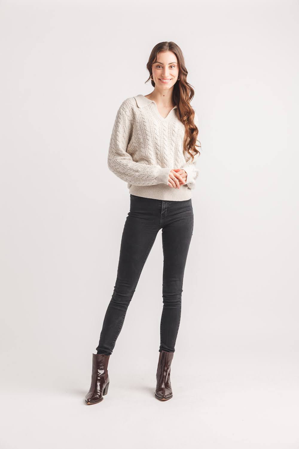 Vneck Collared Cable Knit Cropped Sweater