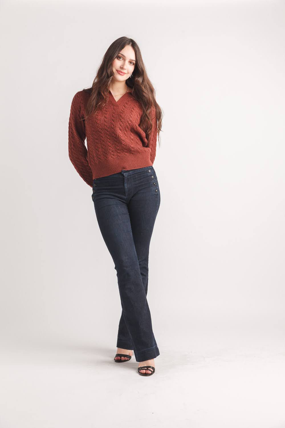 Vneck Collared Cable Knit Cropped Sweater