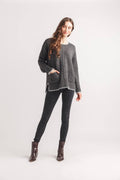 Step Hem Patch Pocket Sweater with Cable Knit Design and Contrast Trim
