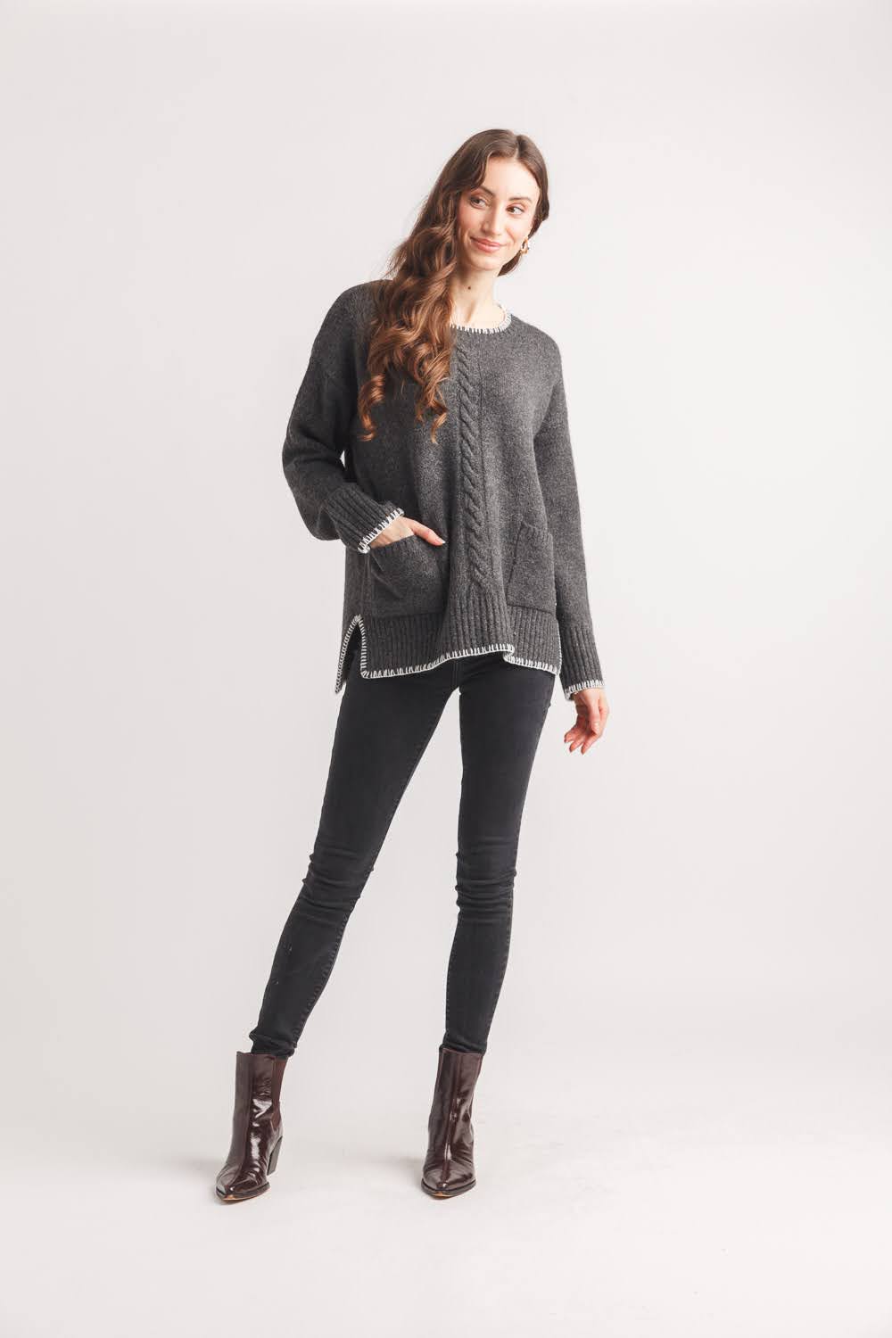 Step Hem Patch Pocket Sweater with Cable Knit Design and Contrast Trim