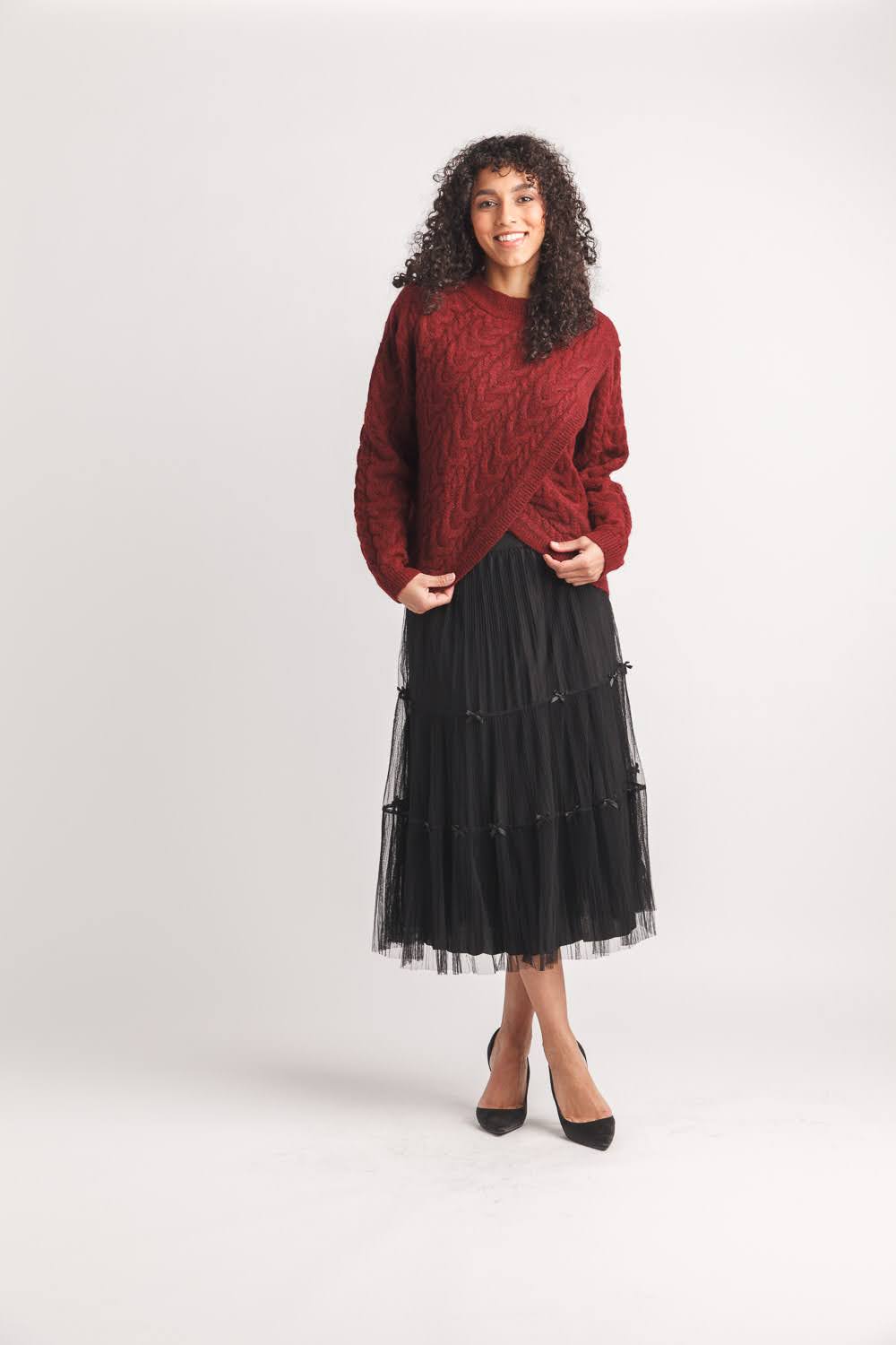 Tiered Pleated Reversible Tulle Skirt with Bow Details
