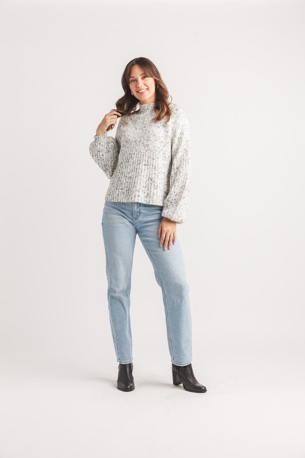 Speckled Ribbed Detail Mock Neck Sweater