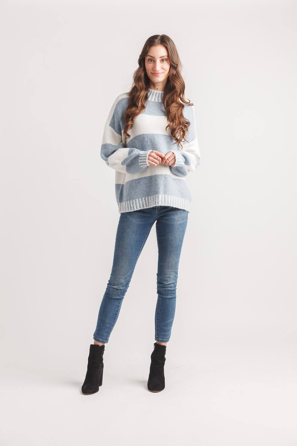 Striped Drop Shoulder Mock Neck Sweater