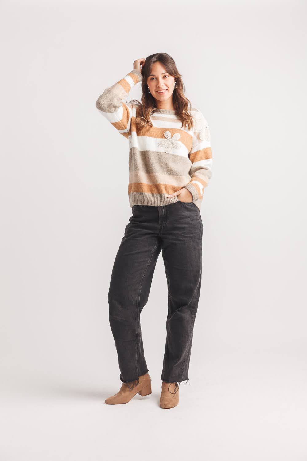 Striped Sweater with Crochet Floral Appliques