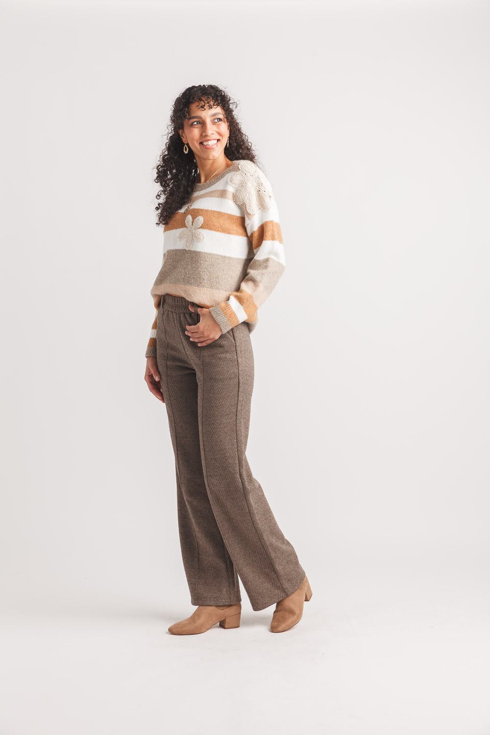 Striped Sweater with Crochet Floral Appliques