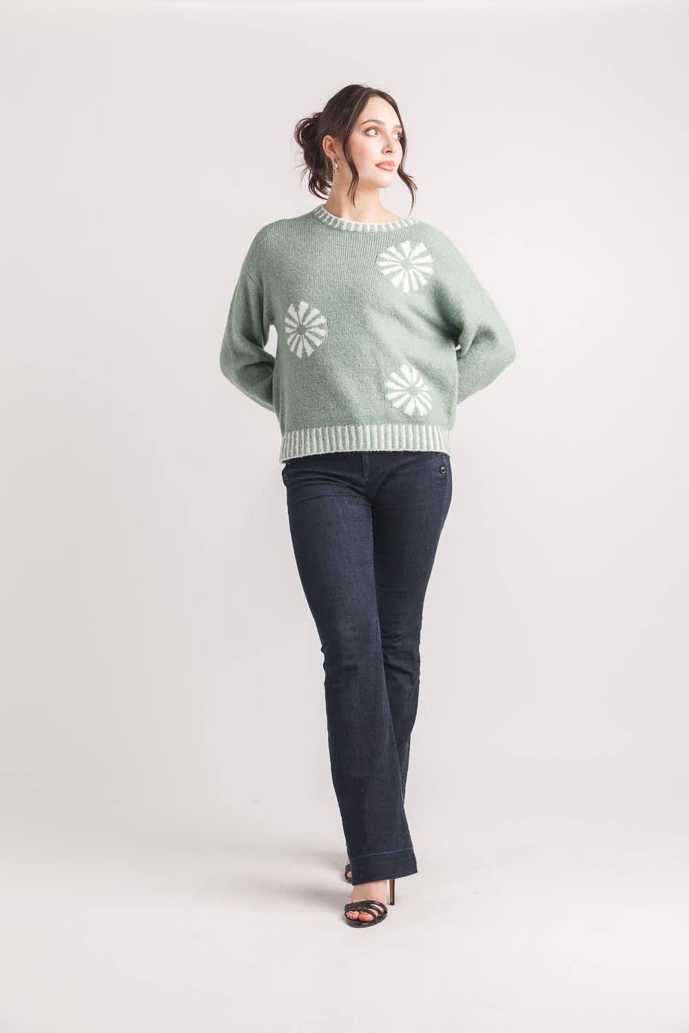 Floral Knit Balloon Sleeve Sweater with Contrast Trim
