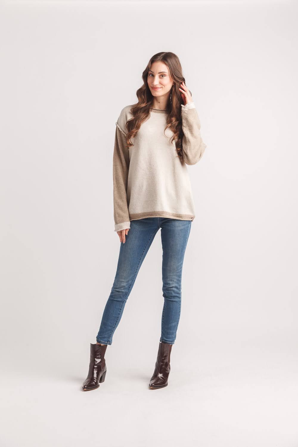Two Tone Lightweight Sweater with Contrast Trim