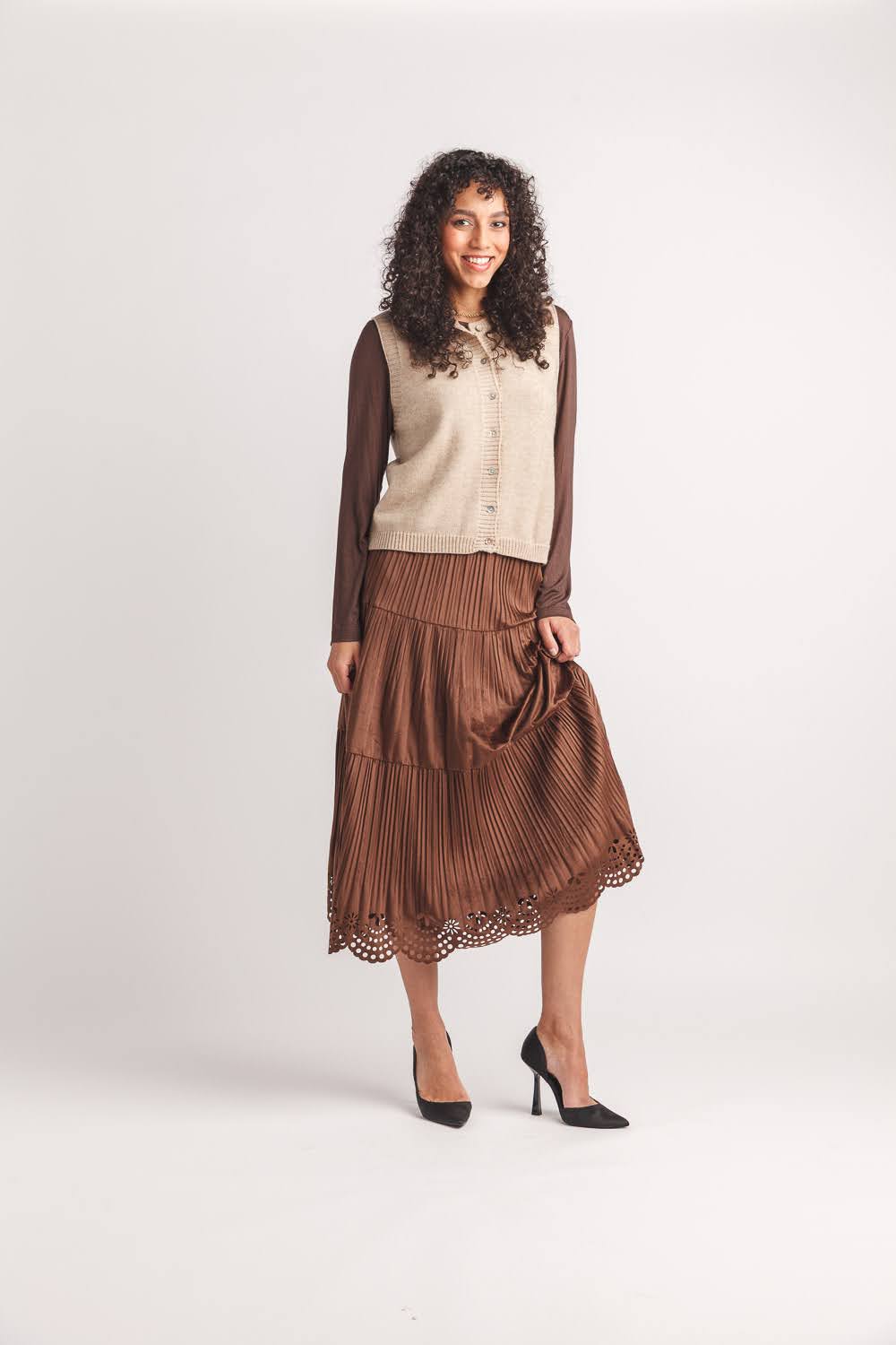 Faux Suede Laser Cut Skirt with Elastic Waist