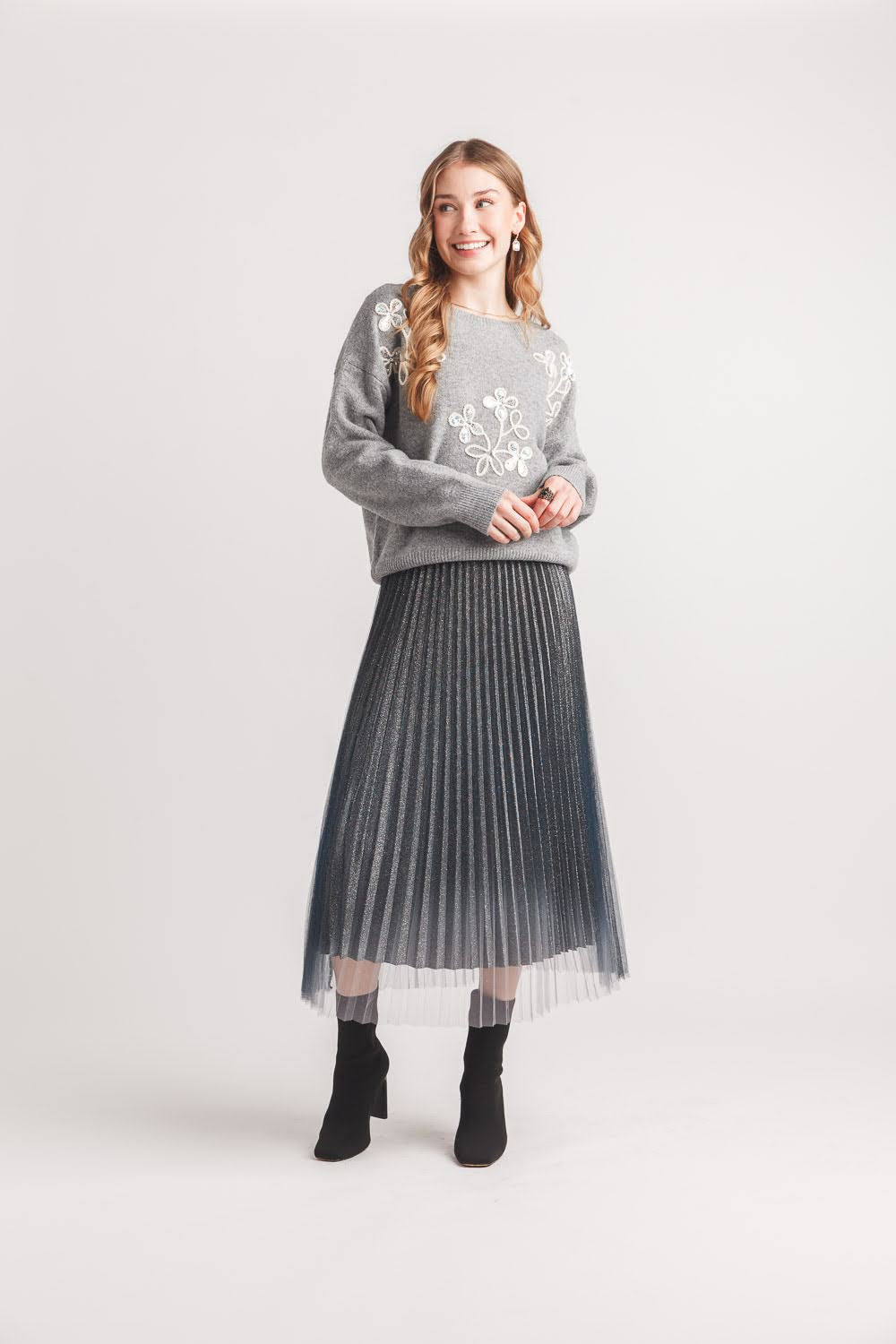 Metallic Pleated Skirt with Elastic Waist