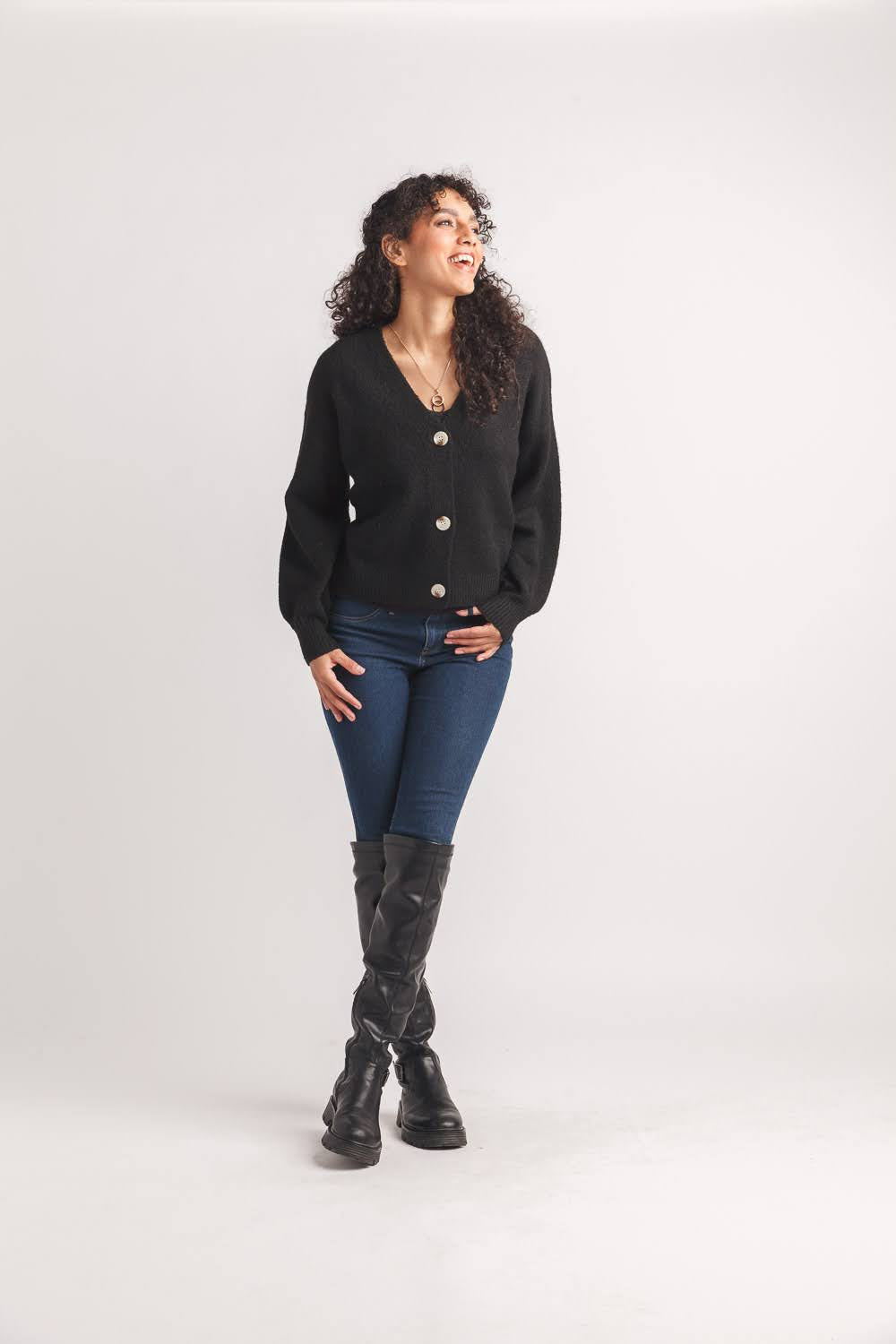 Knit Balloon Sleeve Button Front Cardigan