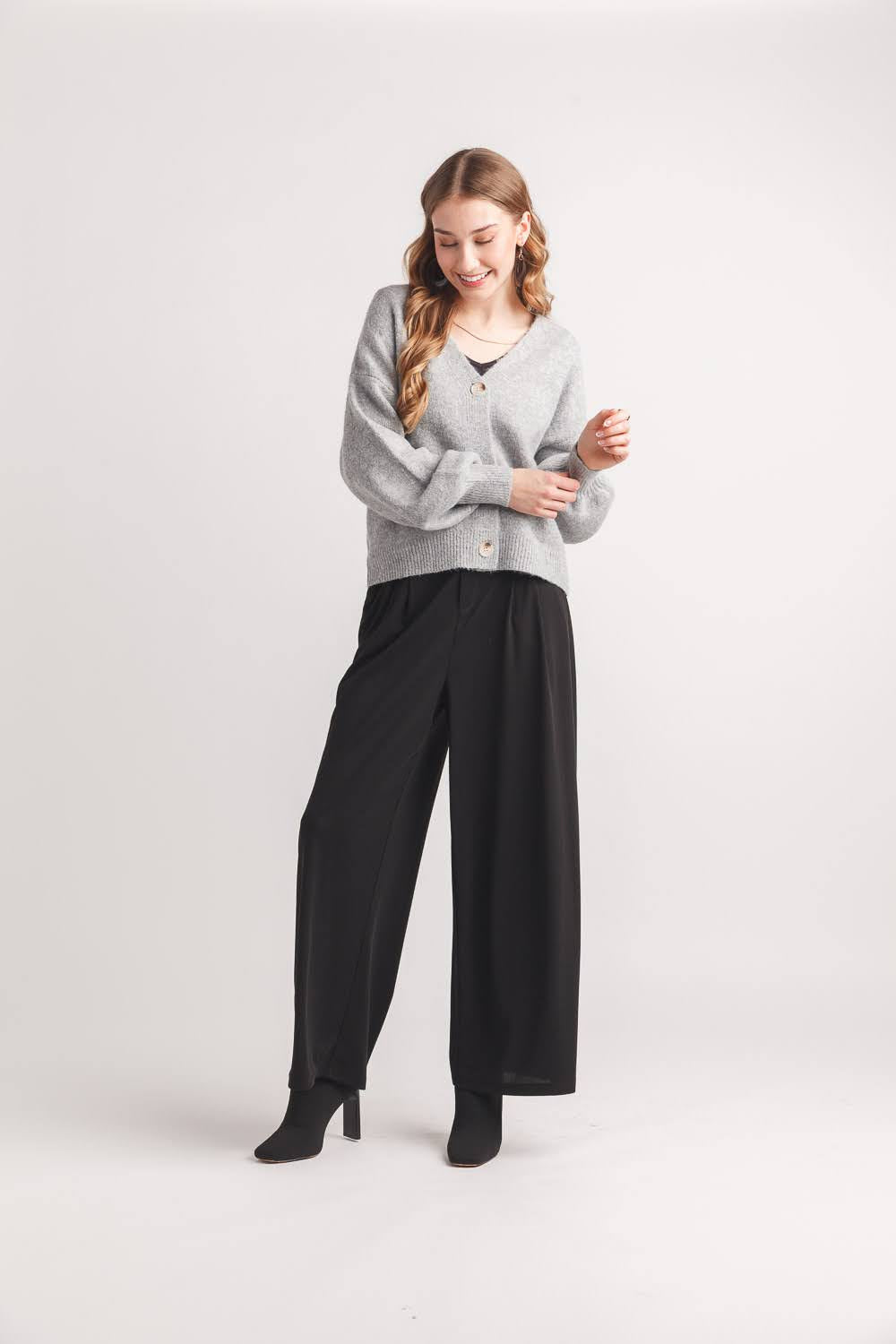 Knit Balloon Sleeve Button Front Cardigan