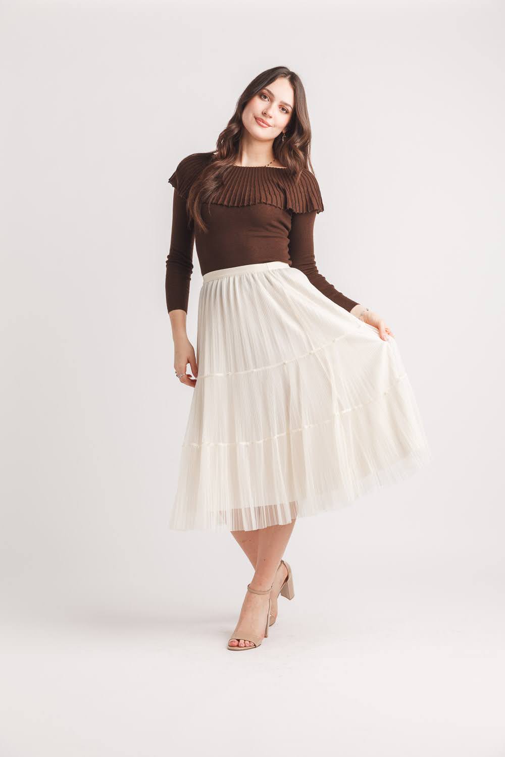 Tiered Pleated Reversible Tulle Skirt with Pearl Details