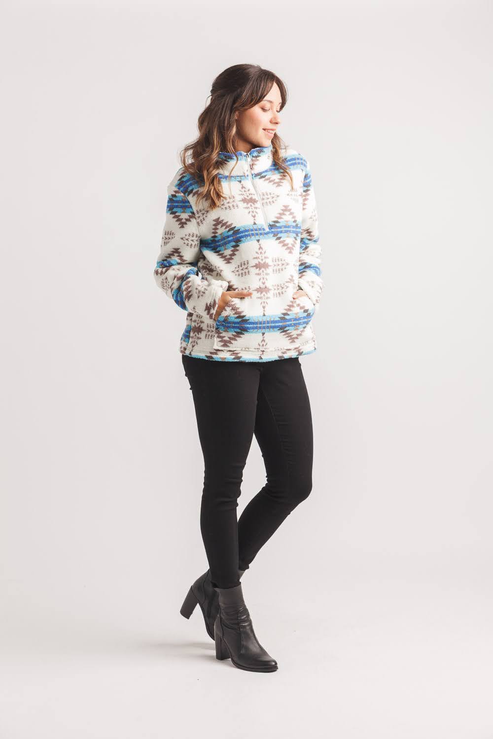 Global Printed 1/2 Zip Sherpa Sweater with Kangaroo Pocket