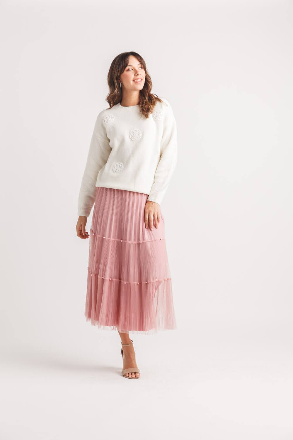 Tiered Pleated Reversible Tulle Skirt with Pearl Details