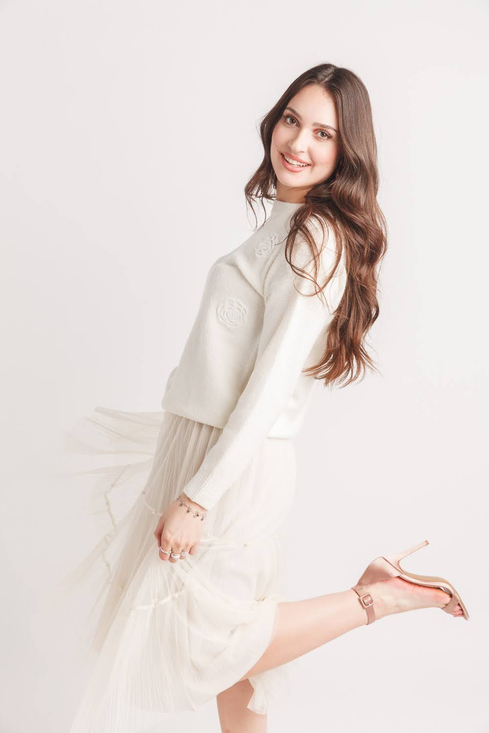 Tiered Pleated Reversible Tulle Skirt with Pearl Details