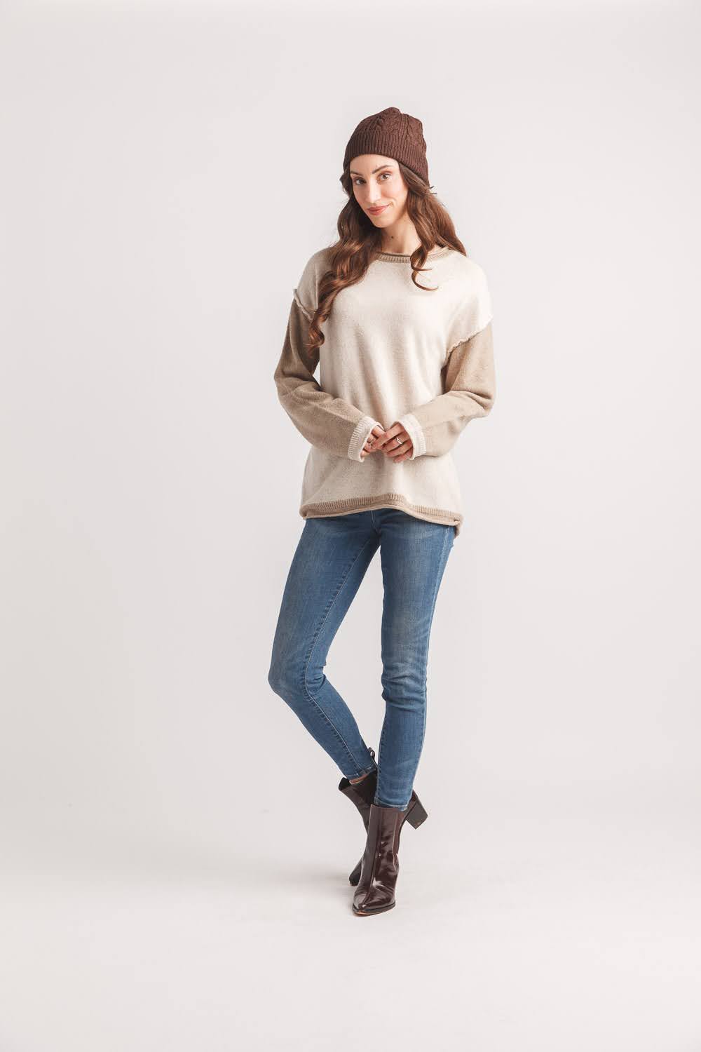 Two Tone Lightweight Sweater with Contrast Trim