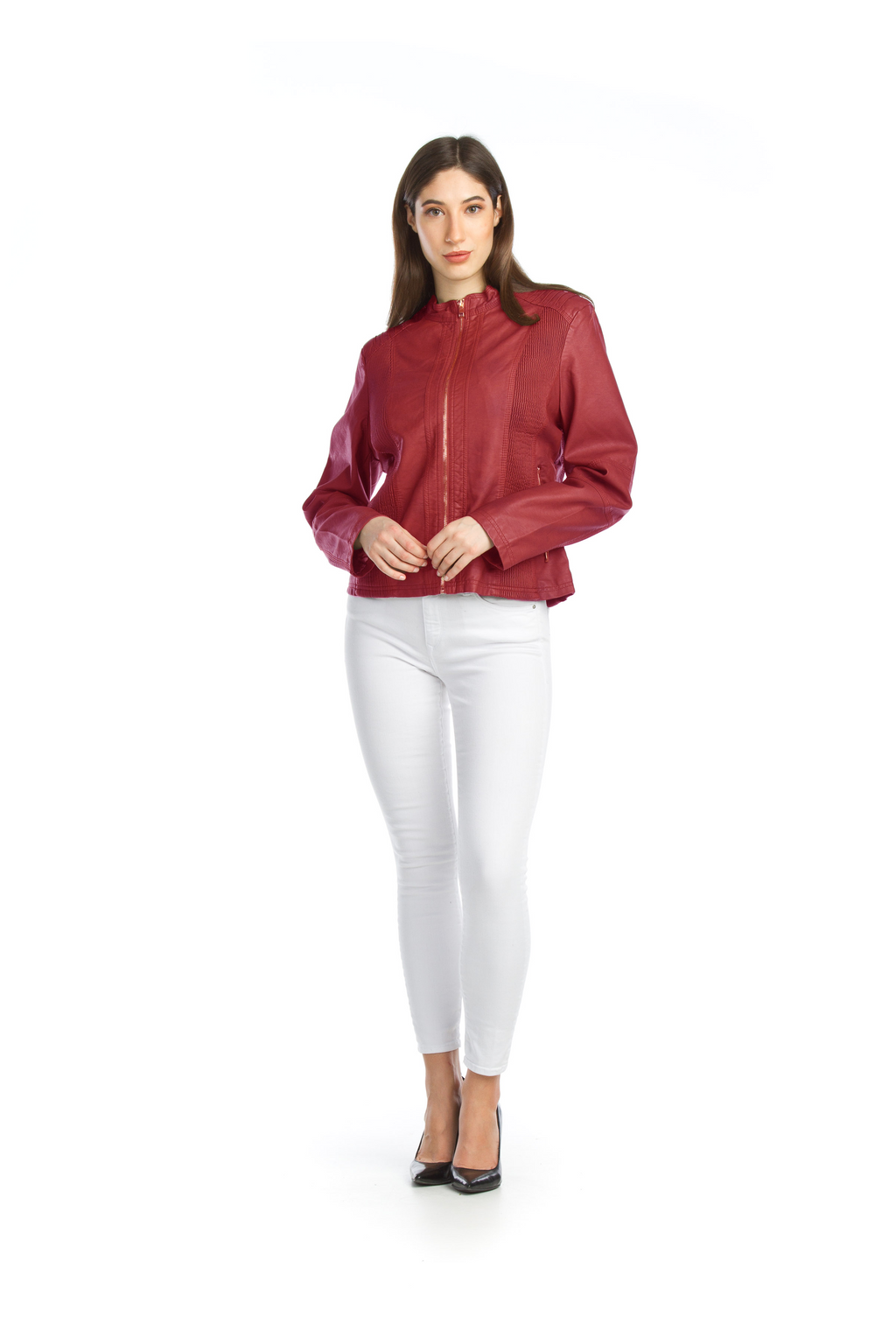 red Faux Leather Jacket with Ribbing Detail