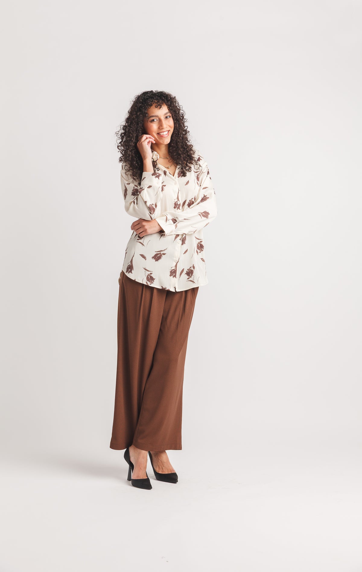 Tulip Printed Collared Button Front Blouse
