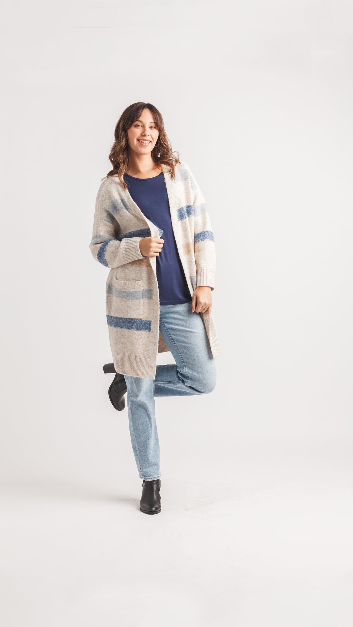 Heathered Striped Open Cardigan with Pockets