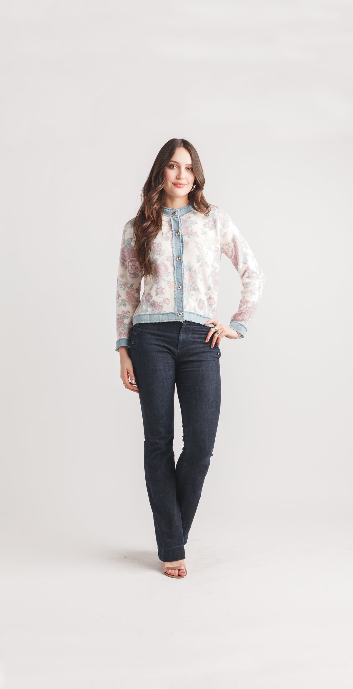 Knit Floral Jacket with Denim Trim
