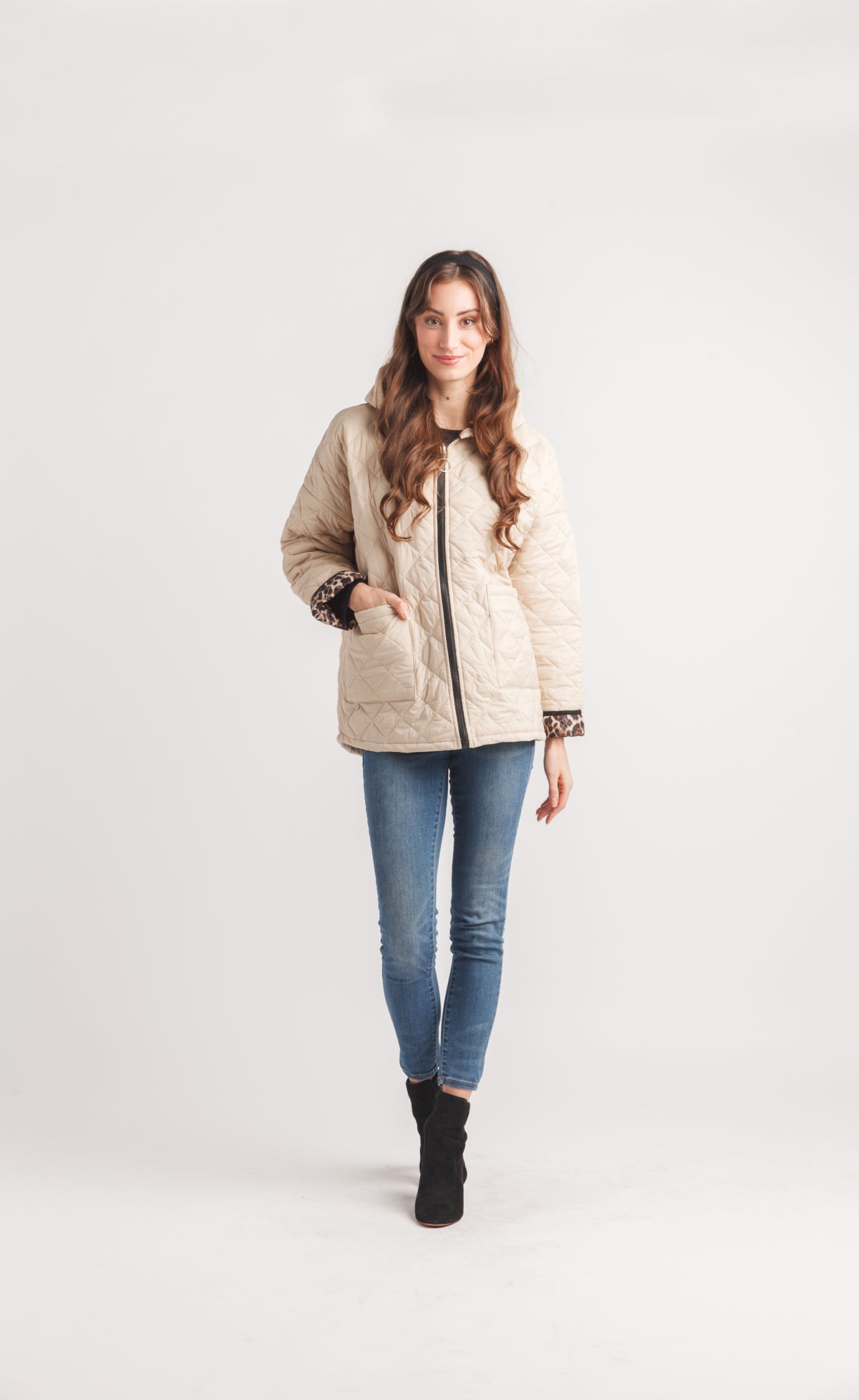 Quilted Hooded Jacket with Leopard Trim