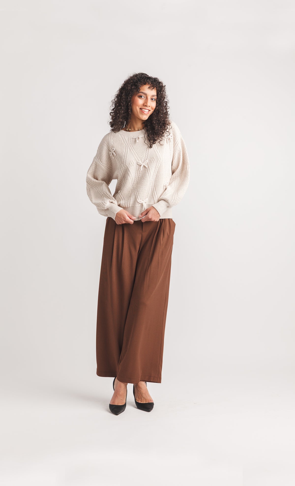 Cable Knit Balloon Sleeve Sweater with 3D Bow Details