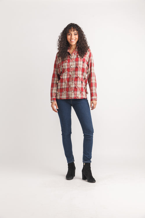 3D Floral Plaid Collared Button Front Shirt