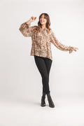 Global Print Dobby Blouse with Elastic Cuffs