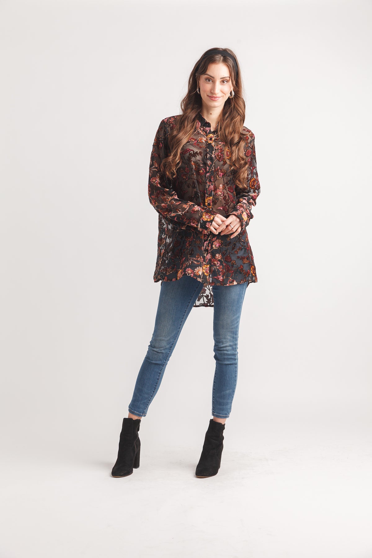 Floral Velvet Burnout Collared Button Front Blouse