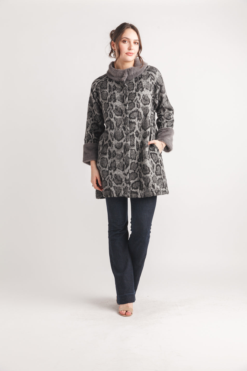 Leopard Coat with Faux Fur Trim