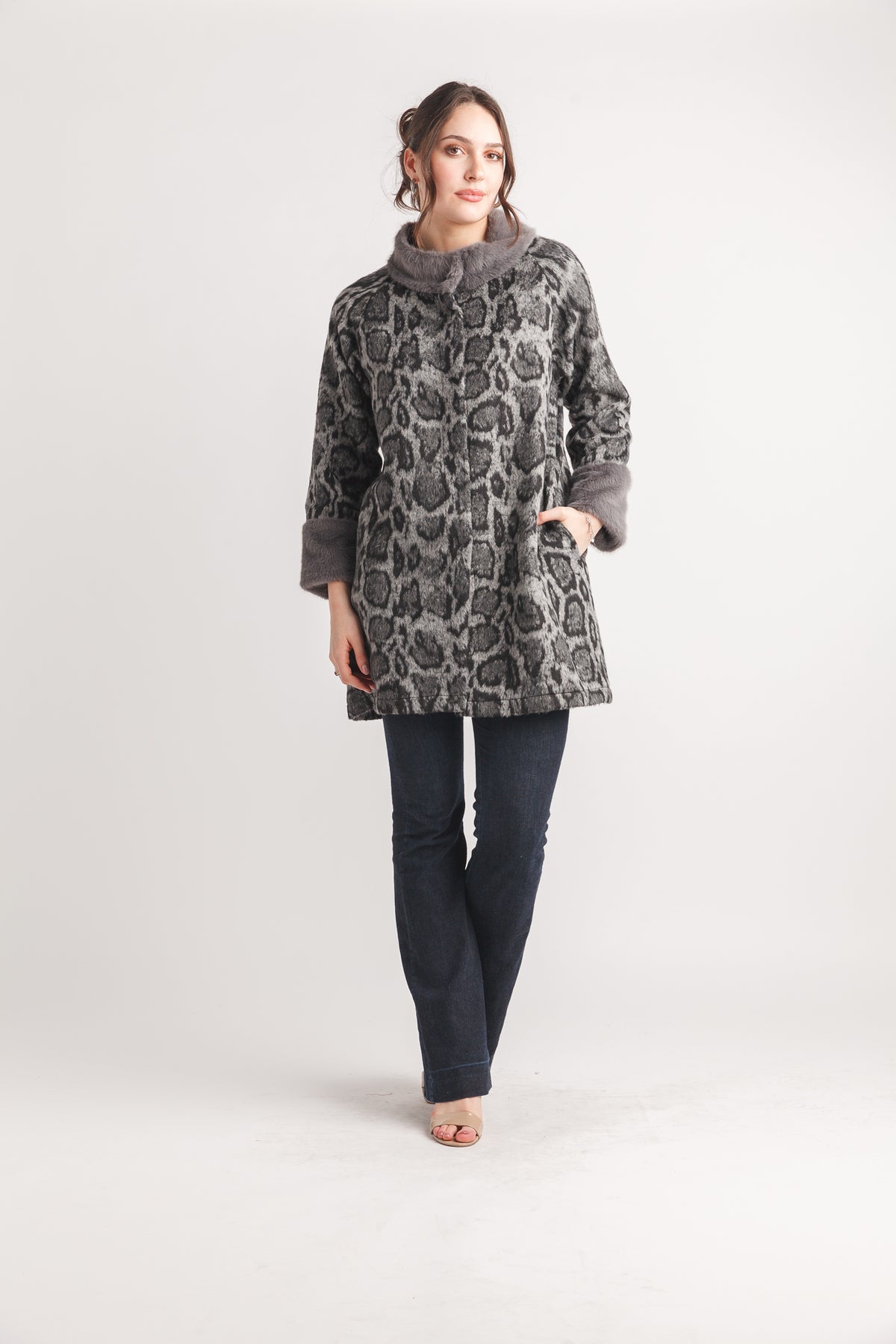 Leopard Coat with Faux Fur Trim