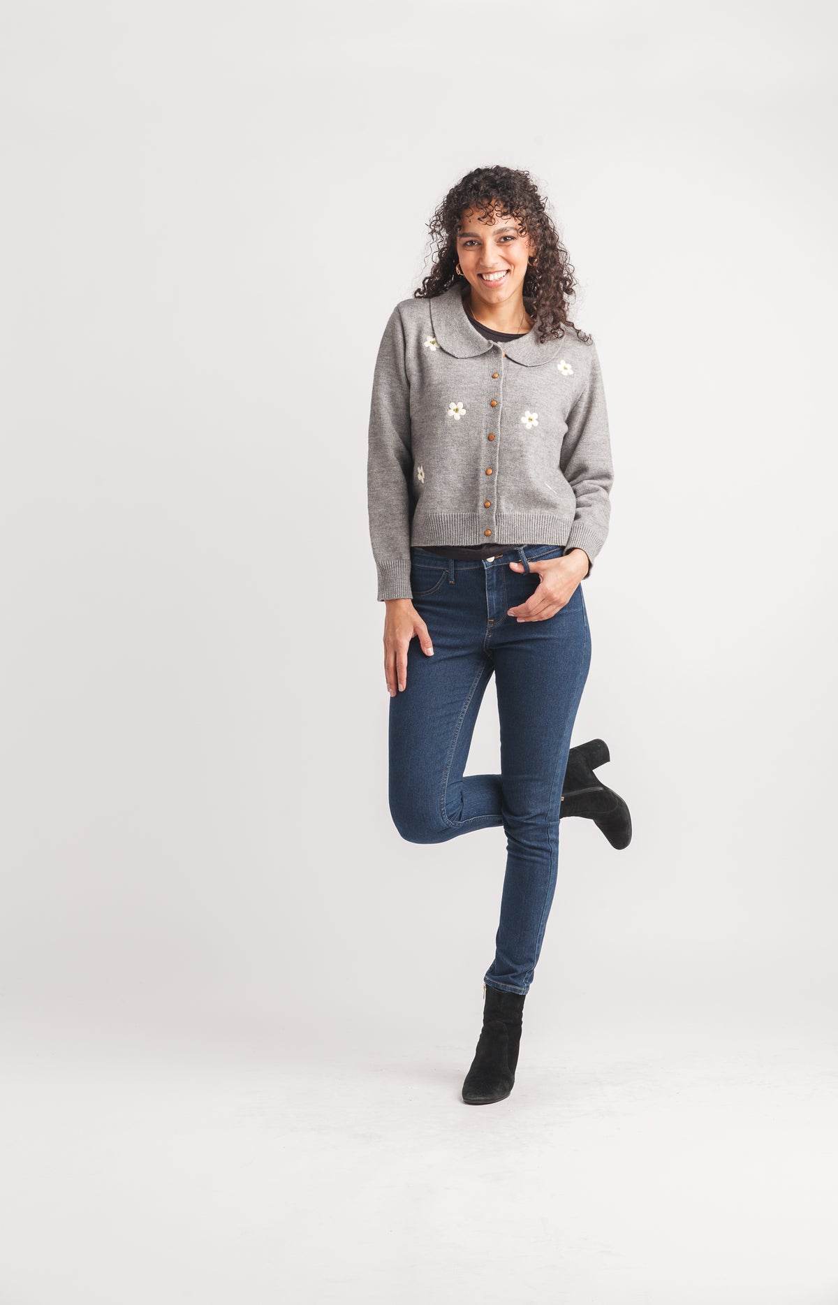 Floral Embroidered Collared Button Cardigan