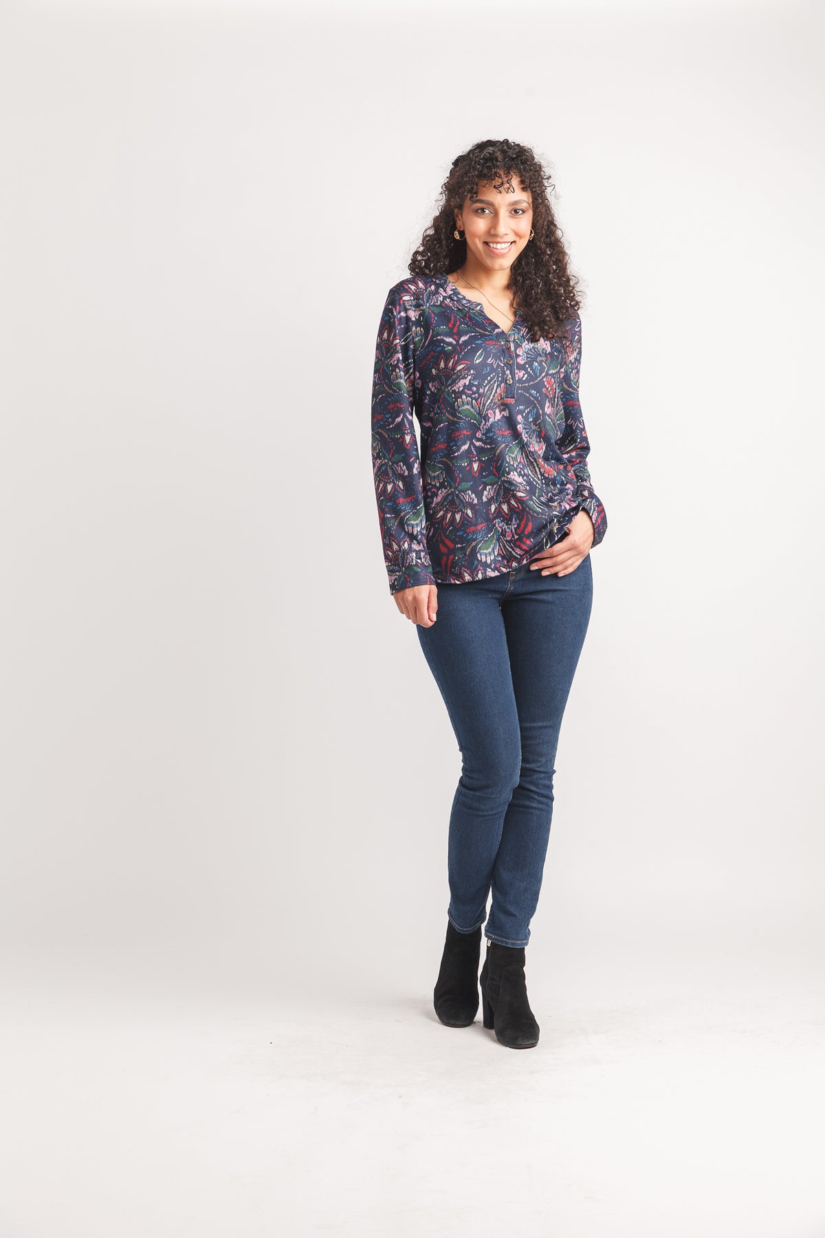 Floral Printed Lightweight Henley Sweater