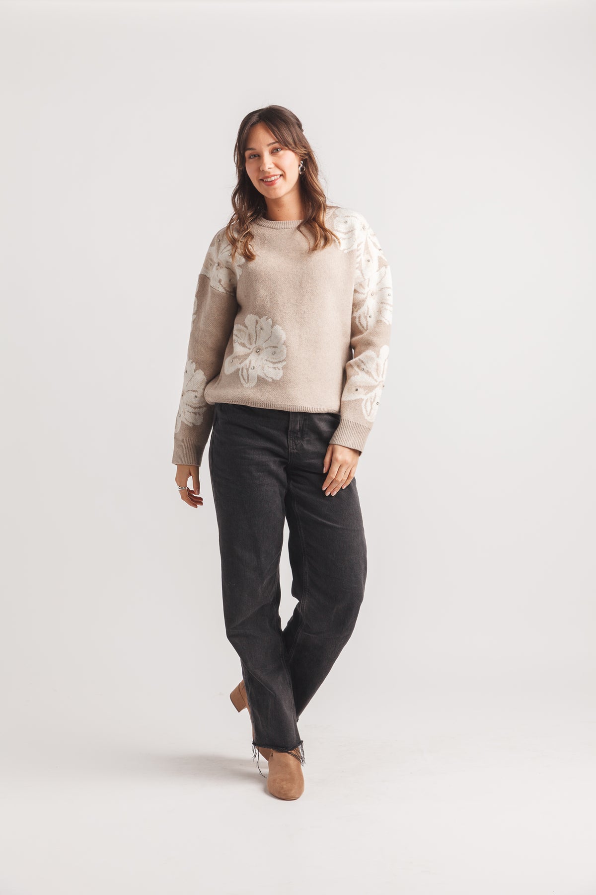 Bejewled Floral Intarsia Sweater