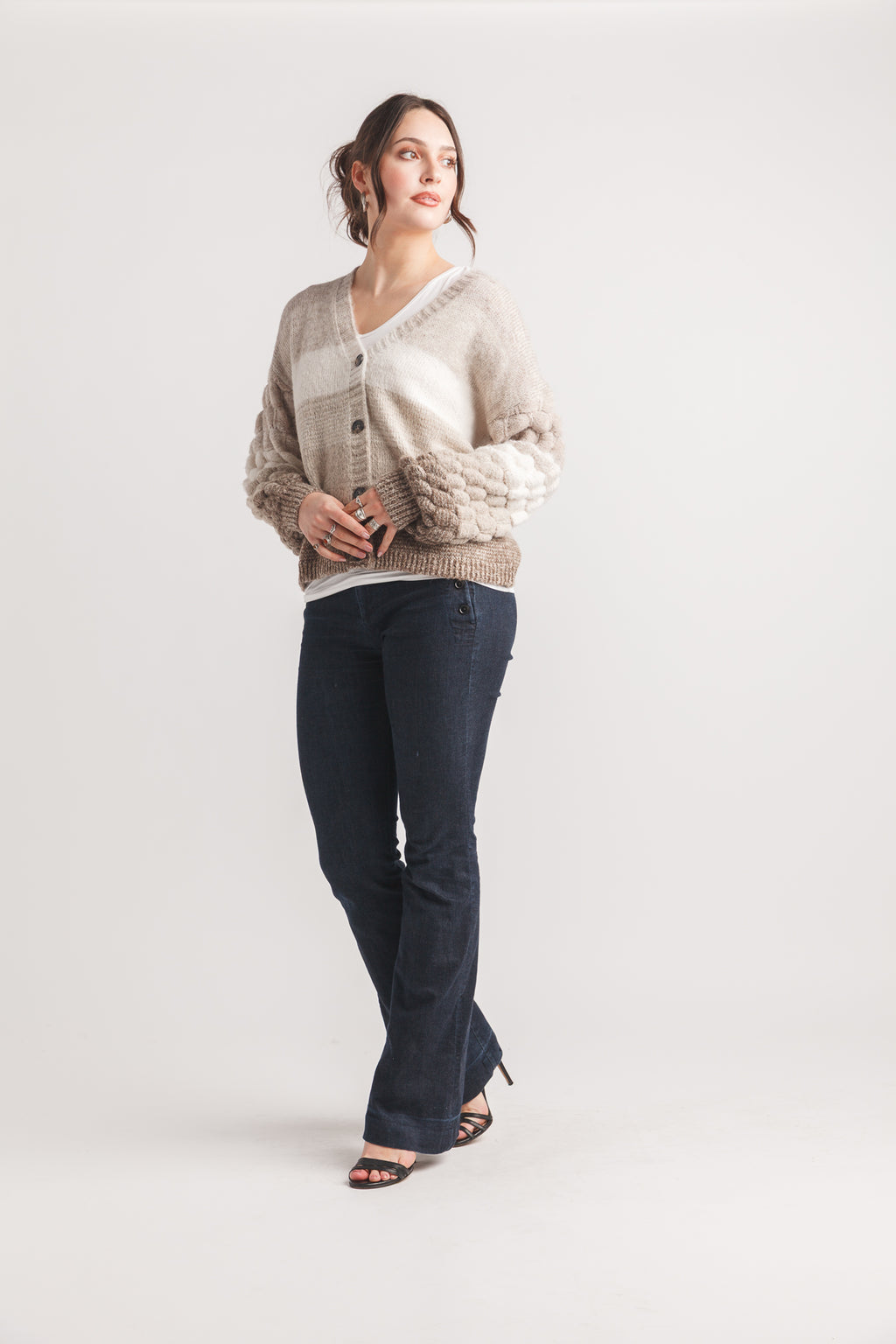 Striped Popcorn Knit Button Front Cardigan