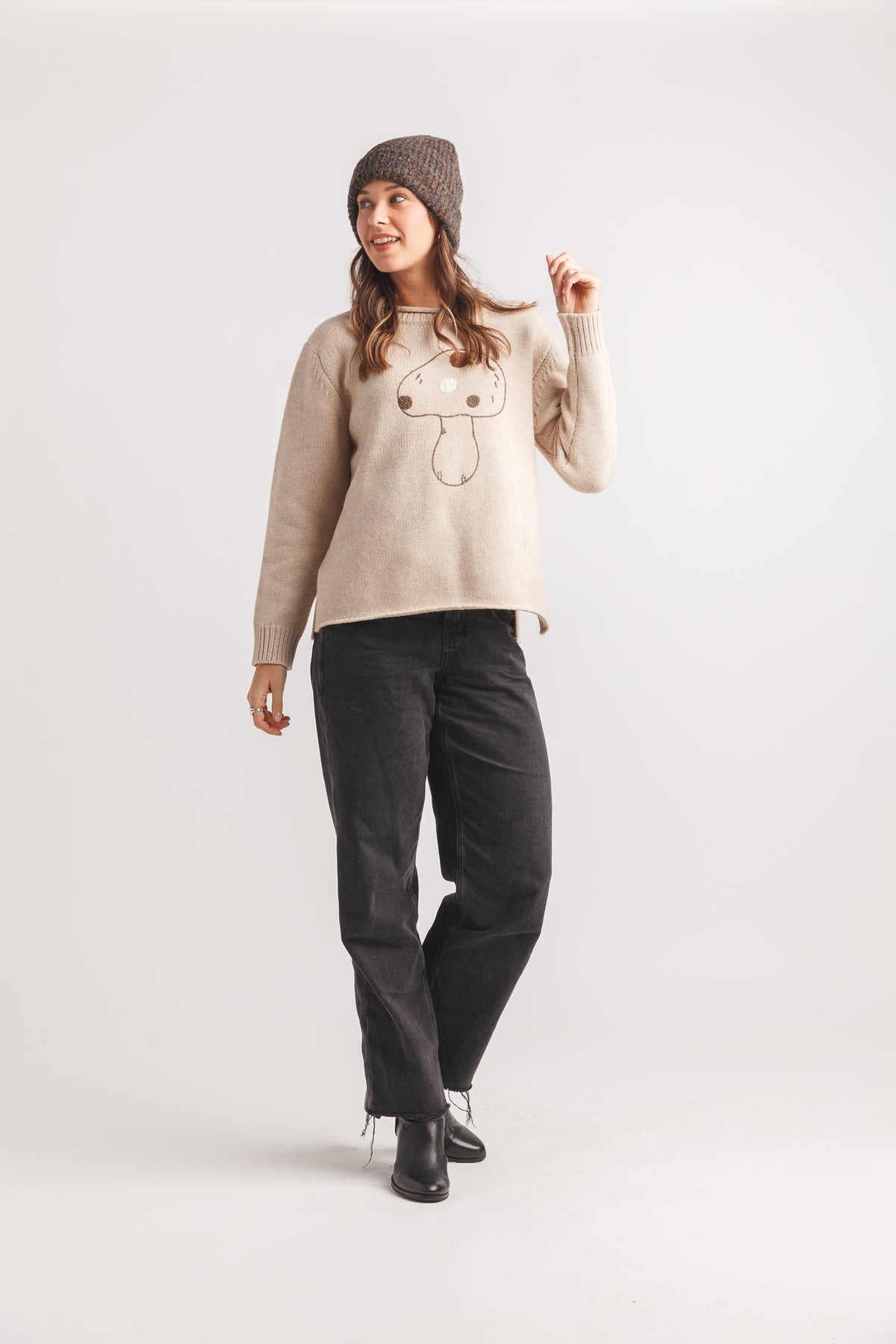 Embroidered Mushroom Sweater with Rolled Hem