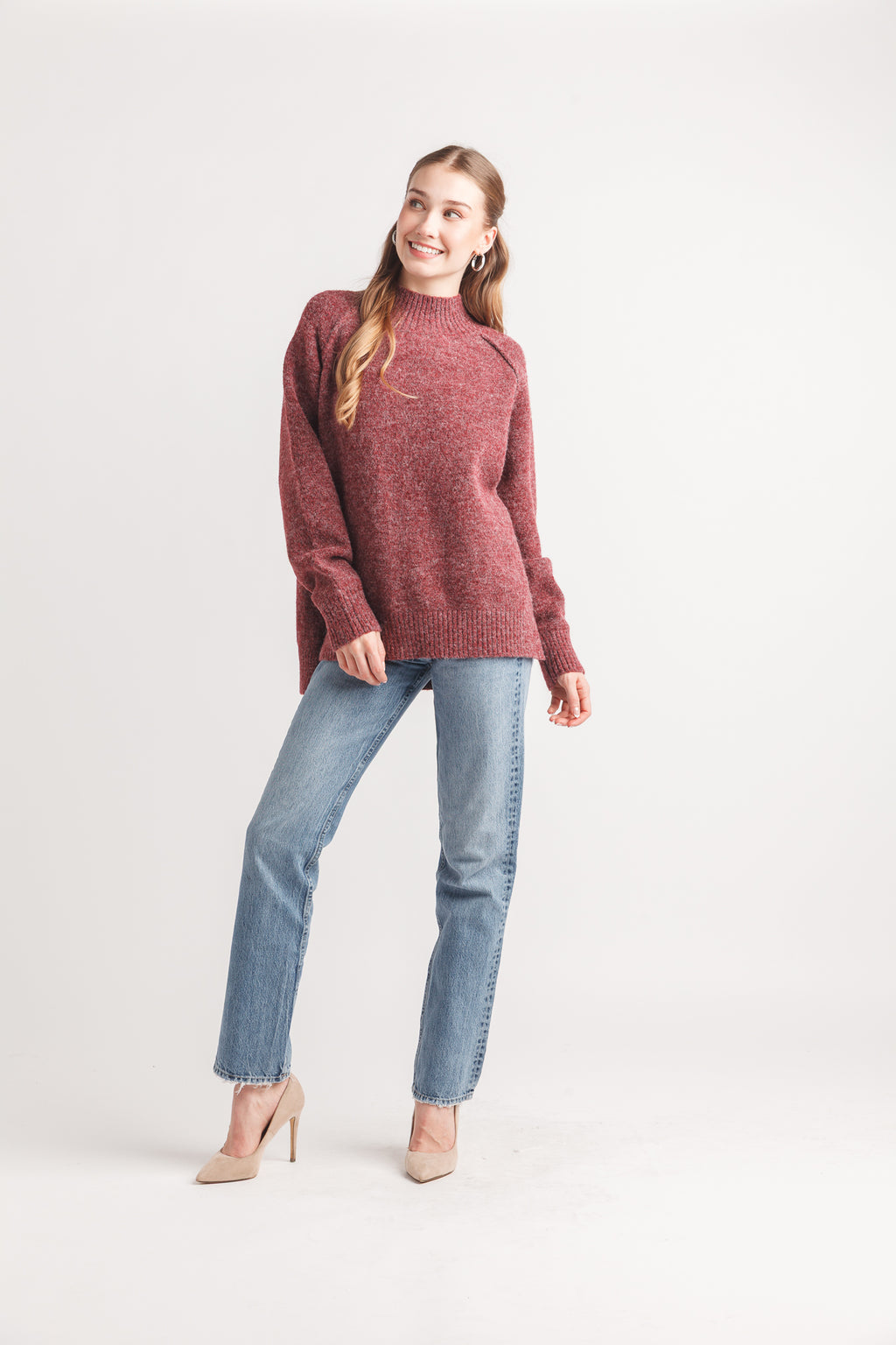 Heathered Mock Neck Step Hem Sweater