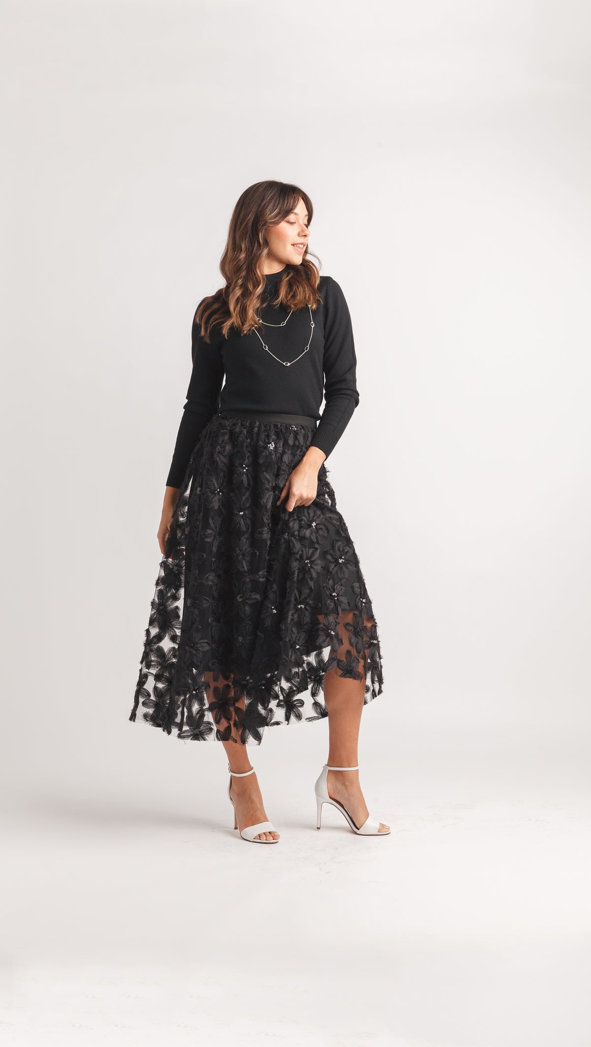 3d Floral Detail Skirt with Elastic Waist