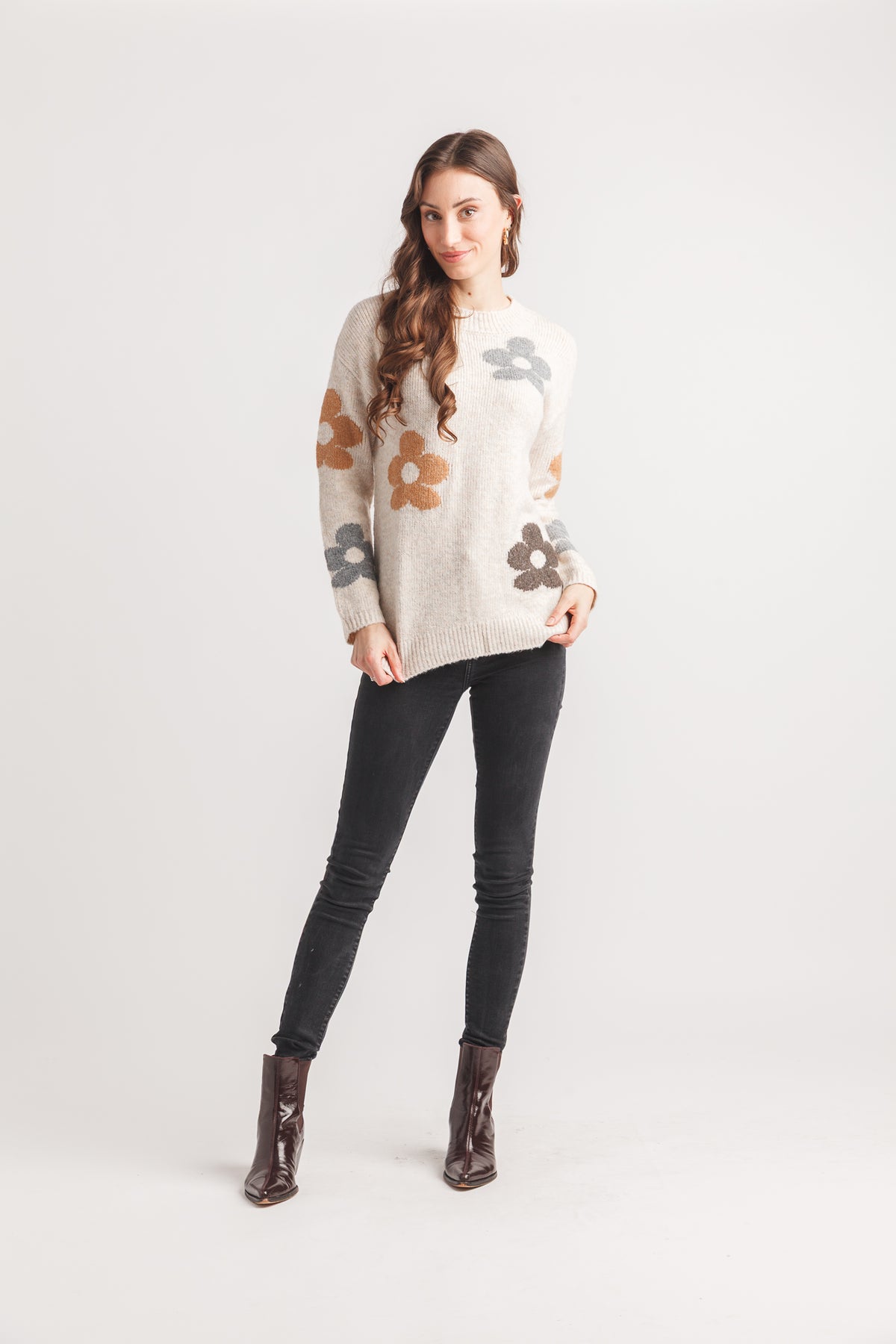 Knit Floral Intarsia Mock Neck Sweater