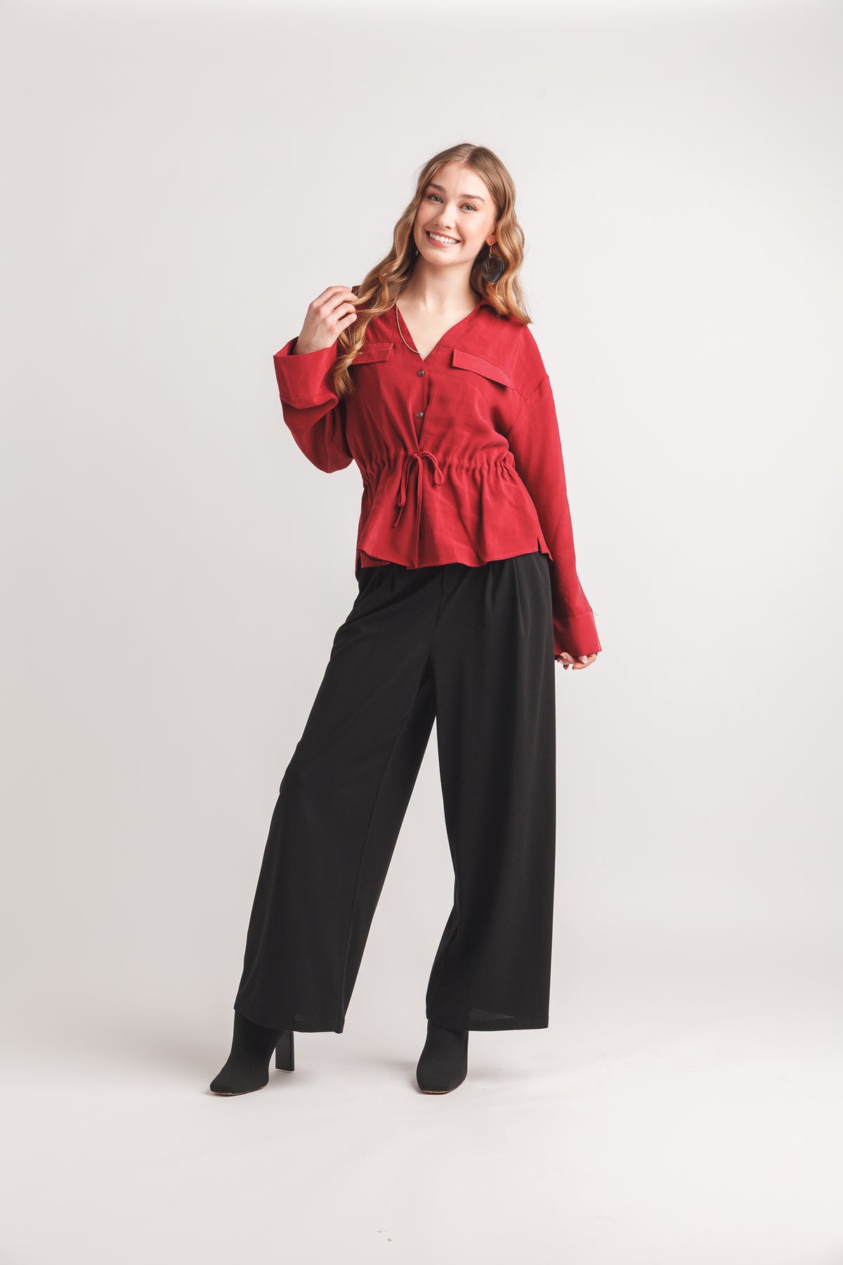 Collared Henley Blouse with Drawstring Waist