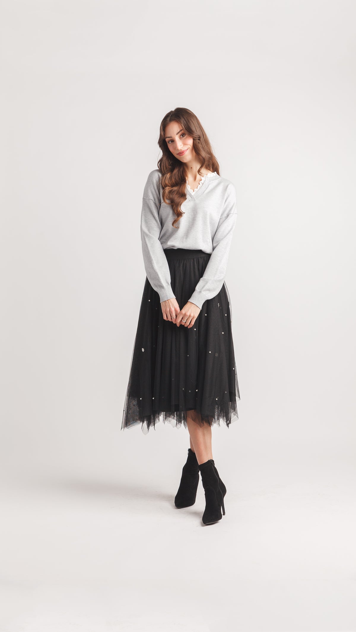 Beaded Layered Tulle Skirt with Elastic Waist