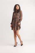 Paisley Long Sleeve Dress with Ruffle Hem and Tie Belt