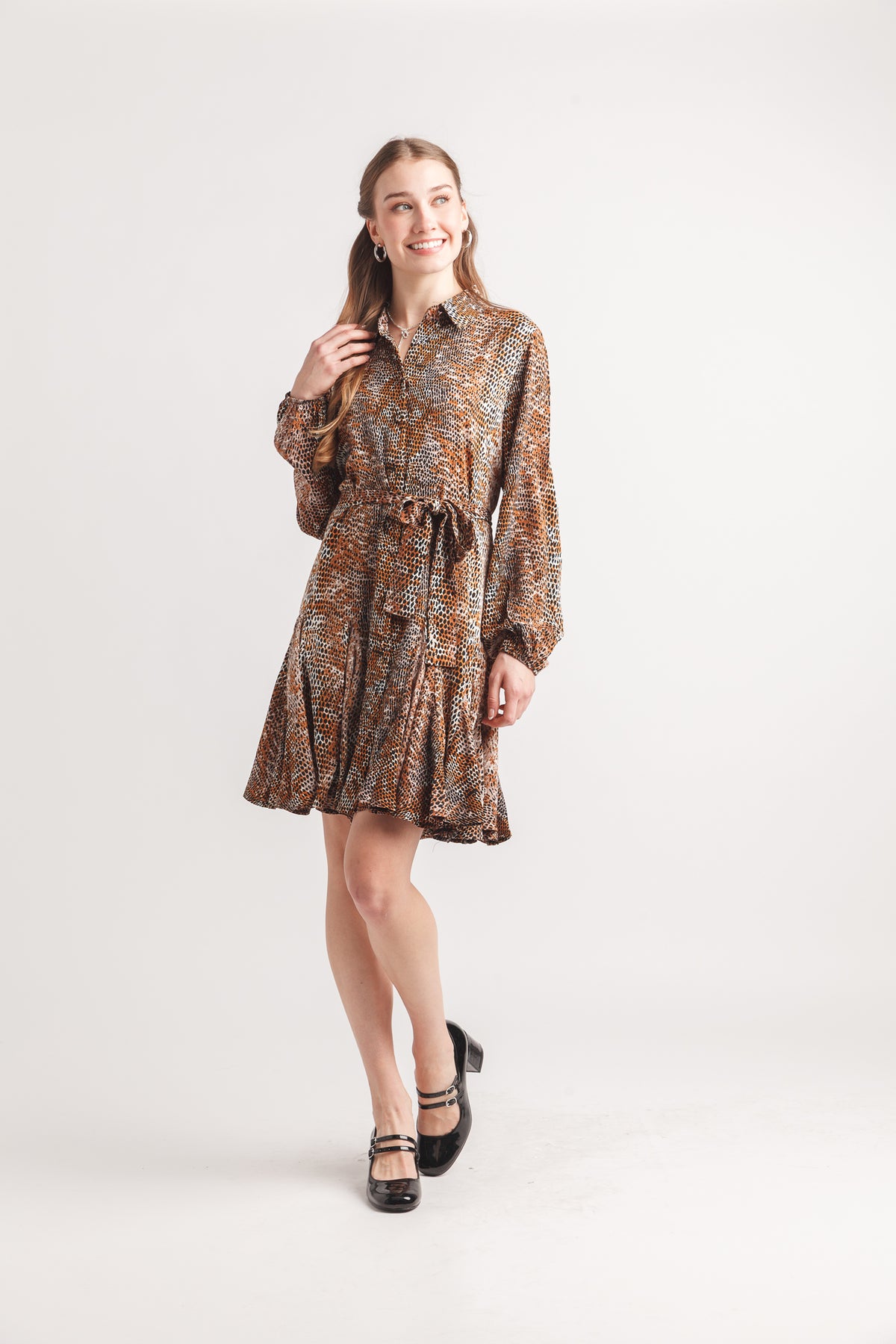 Snake Print Shirt Dress with Flare Hem and Tie Belt