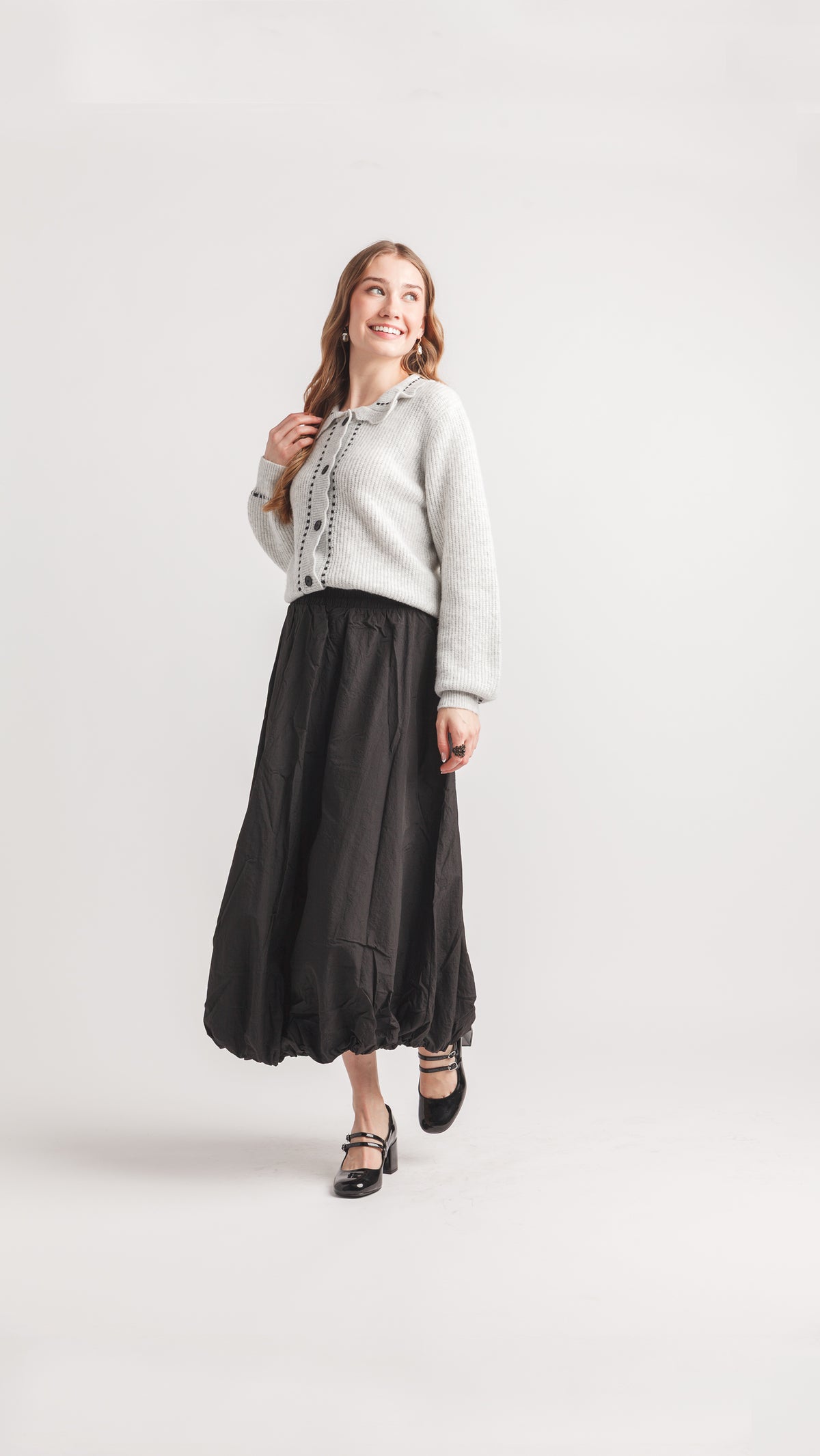 Bubble Hem Midi Skirt with Elastic Waist