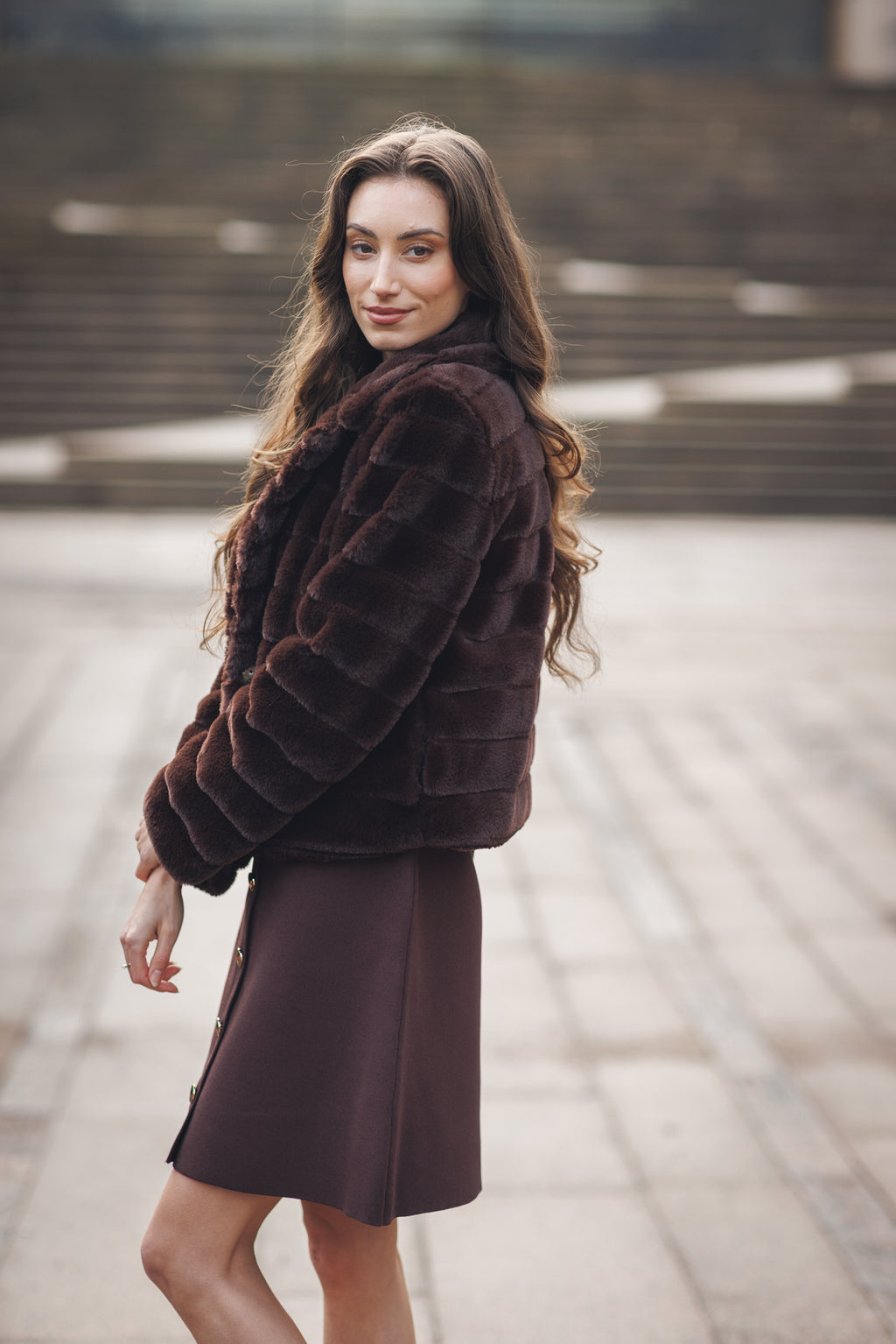 Short Faux Fur Collared Jacket with Pockets