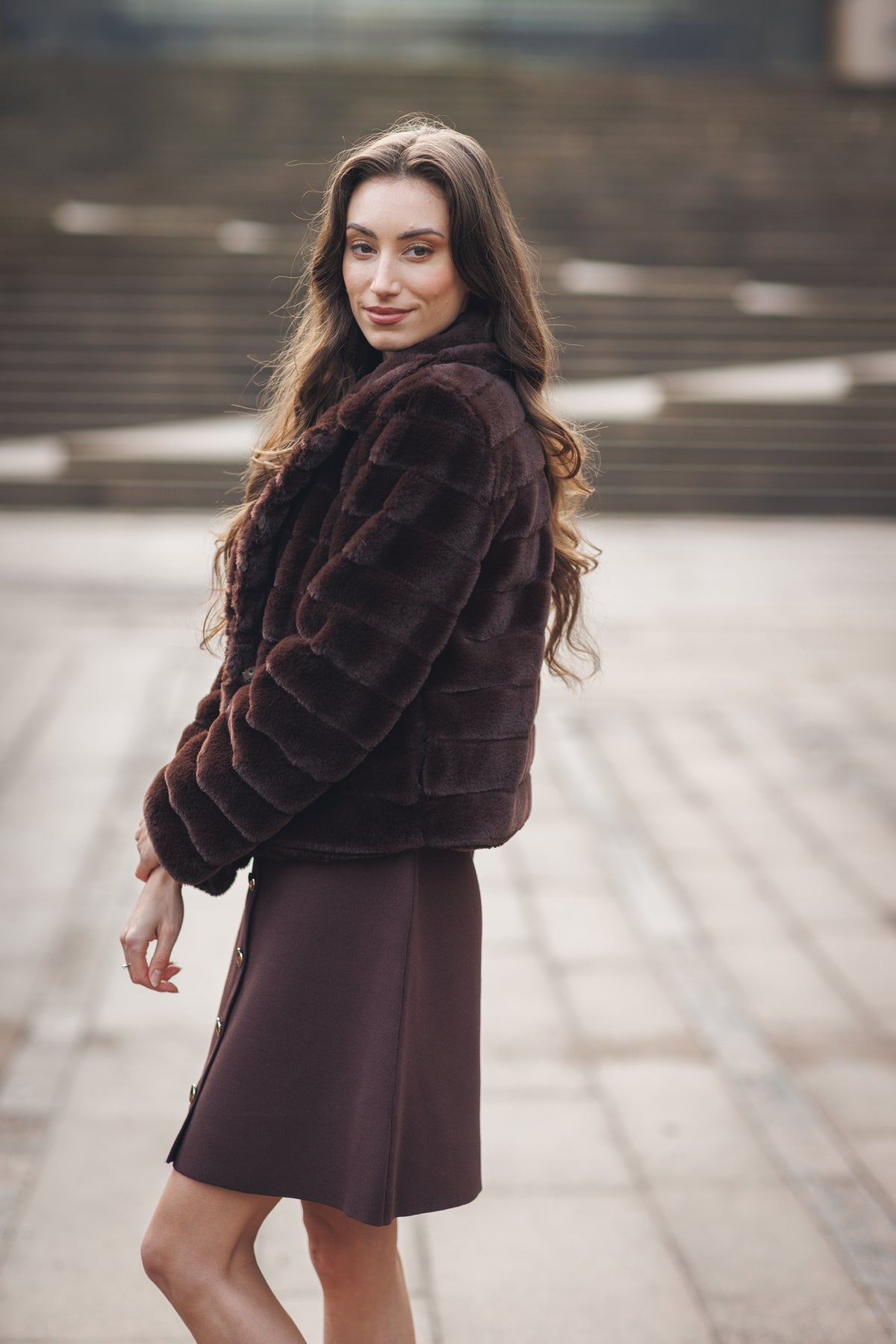 Short Faux Fur Collared Jacket with Pockets