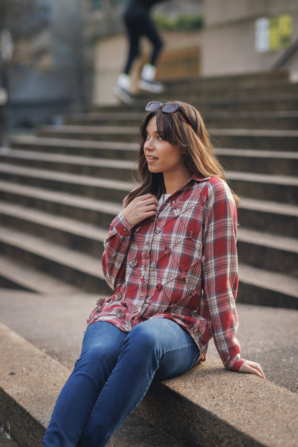 3D Floral Plaid Collared Button Front Shirt