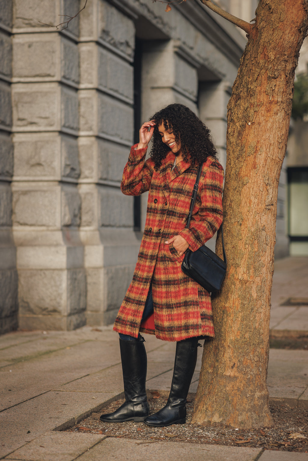 Double Breasted Plaid Coat with Pockets